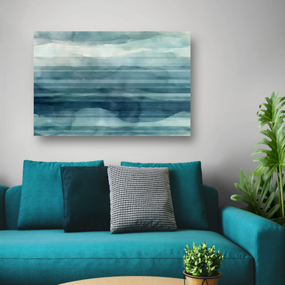 Aquarel landschap met blauwe lucht en witte wolken canvas met baklijst