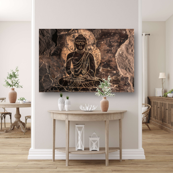 Serene Boeddha rotstekening in sepia canvas