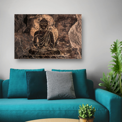 Serene Boeddha rotstekening in sepia canvas met baklijst