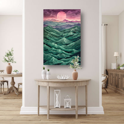 Surrealistisch landschap met bergen en zon canvas