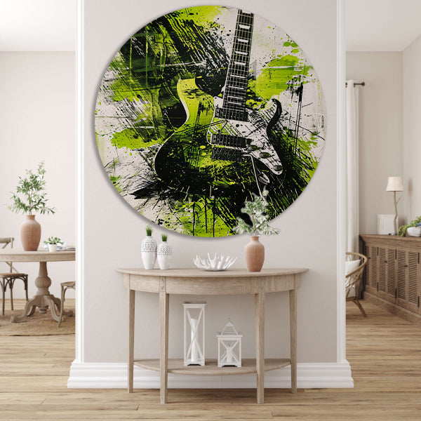 Abstracte gitaar kunst met levendige spatten aluminium muurcirkel