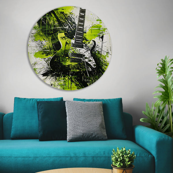 Abstracte gitaar kunst met levendige spatten aluminium muurcirkel