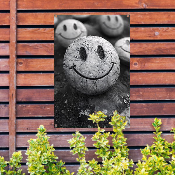 Verweerde Smiley op Steen in Zwart-Wit tuinposter