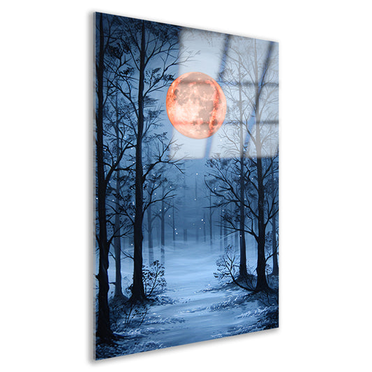 Rode maan boven besneeuwd winters bos acrylglas
