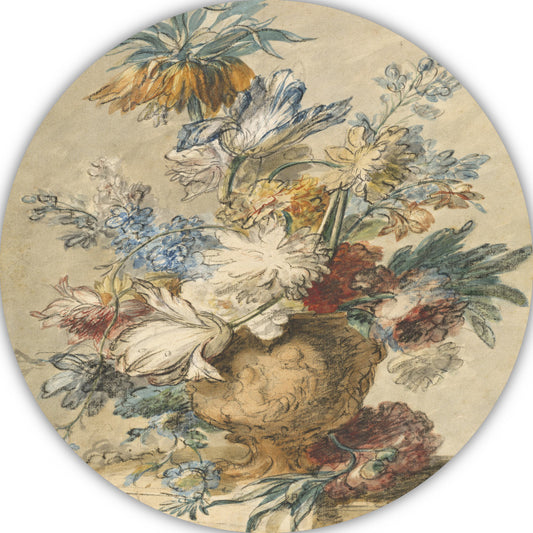Boeket lentebloemen in een terracotta vaas - Jan van Huysum aluminium muurcirkel