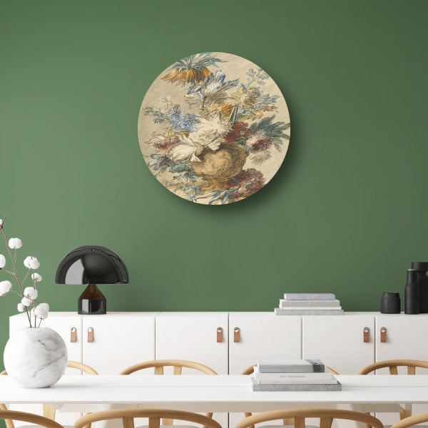 Boeket lentebloemen in een terracotta vaas - Jan van Huysum aluminium muurcirkel