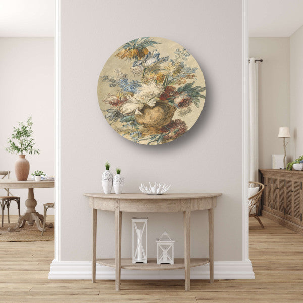 Boeket lentebloemen in een terracotta vaas - Jan van Huysum aluminium muurcirkel