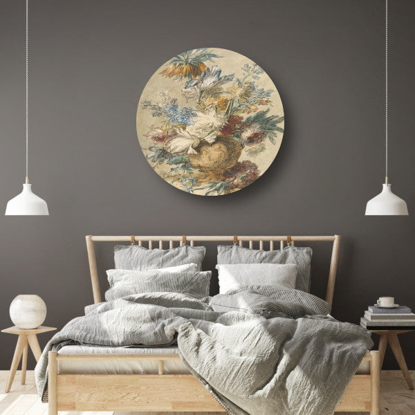 Boeket lentebloemen in een terracotta vaas - Jan van Huysum aluminium muurcirkel