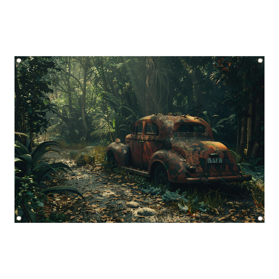 Roestige auto overgroeid door jungle tuinposter