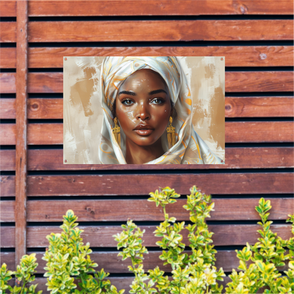 Elegante Vrouw met Gouden Hoofddoek tuinposter