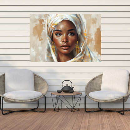 Elegante Vrouw met Gouden Hoofddoek tuinposter