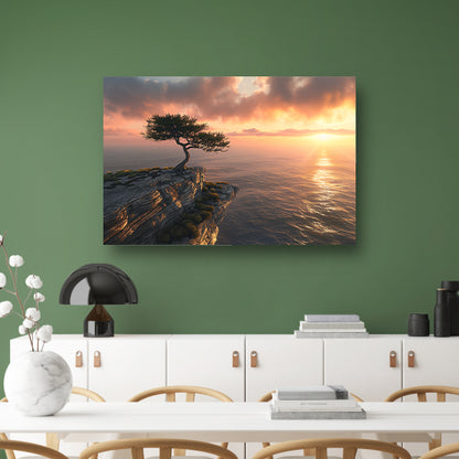 Boom op klif met zonsondergang zee canvas