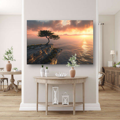 Boom op klif met zonsondergang zee canvas