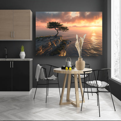 Boom op klif met zonsondergang zee canvas