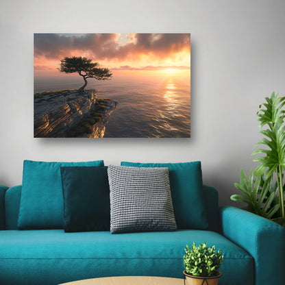 Boom op klif met zonsondergang zee canvas