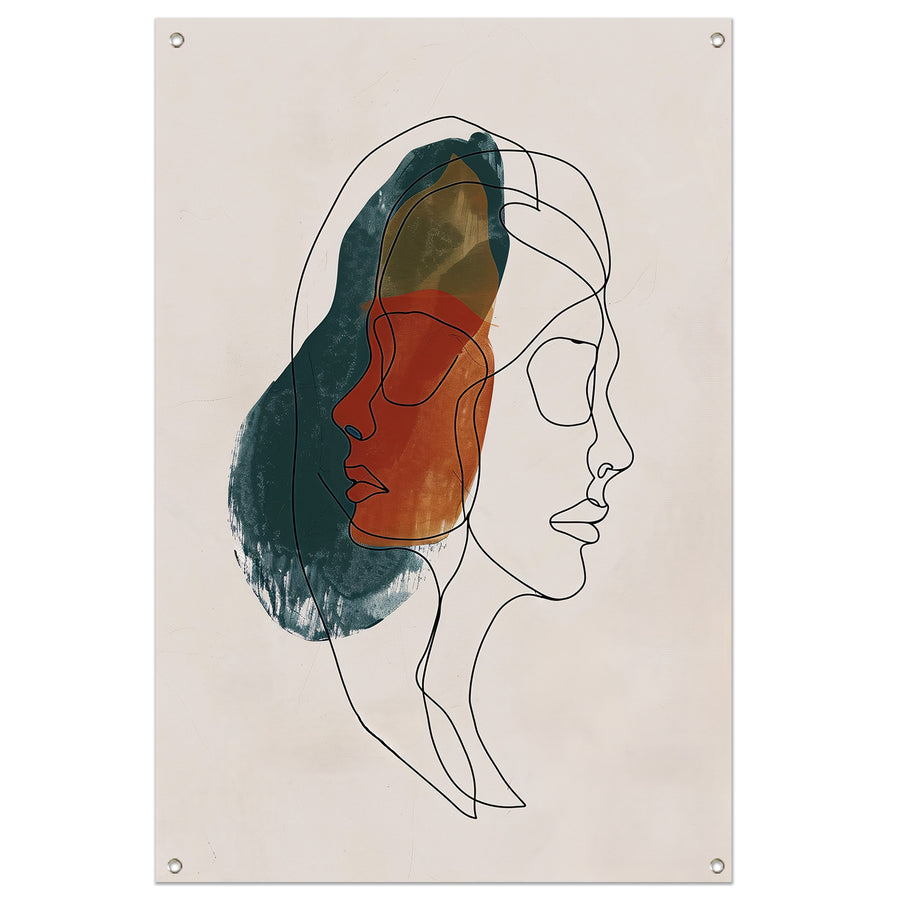Kleurrijke abstracte lijntekening van gezichten tuinposter