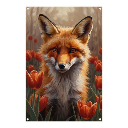 Herfst Vos tussen de Bloeiende Tulpen tuinposter