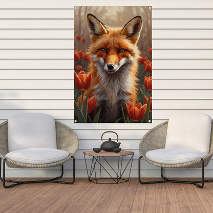 Herfst Vos tussen de Bloeiende Tulpen tuinposter