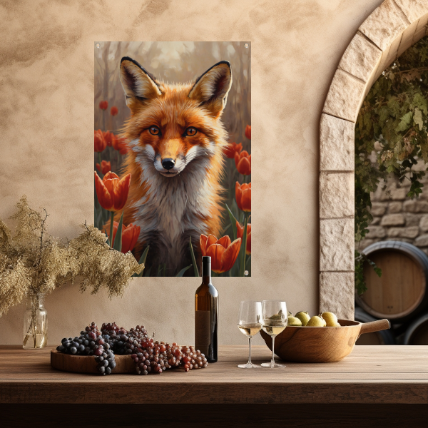 Herfst Vos tussen de Bloeiende Tulpen tuinposter