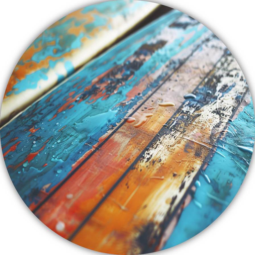 Abstracte surfplank met waterdruppels aluminium muurcirkel