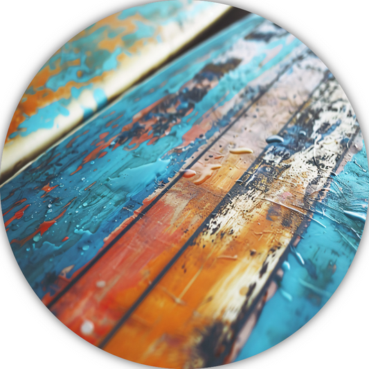 Abstracte surfplank met waterdruppels aluminium muurcirkel