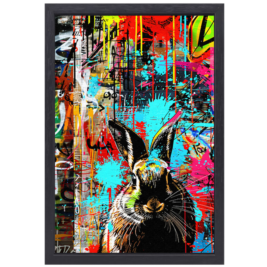 Kleurrijk graffiti konijn op abstract achtergrond canvas met baklijst