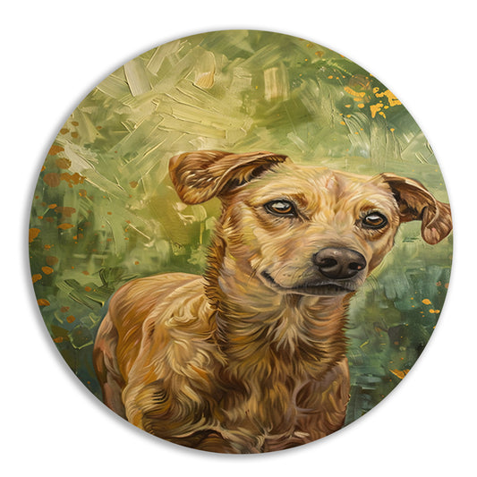 Elegante hond geschilderd in olieverf aluminium muurcirkel