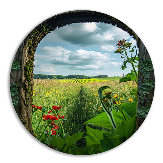 Kleurrijk landschap door houten venster aluminium muurcirkel