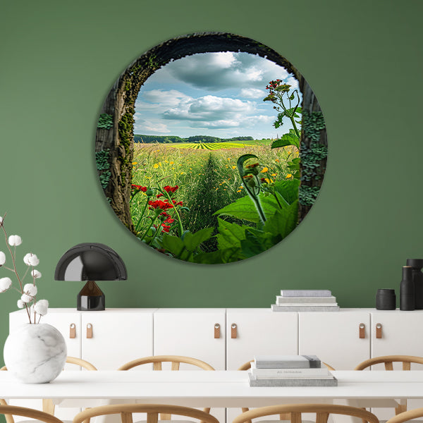 Kleurrijk landschap door houten venster aluminium muurcirkel