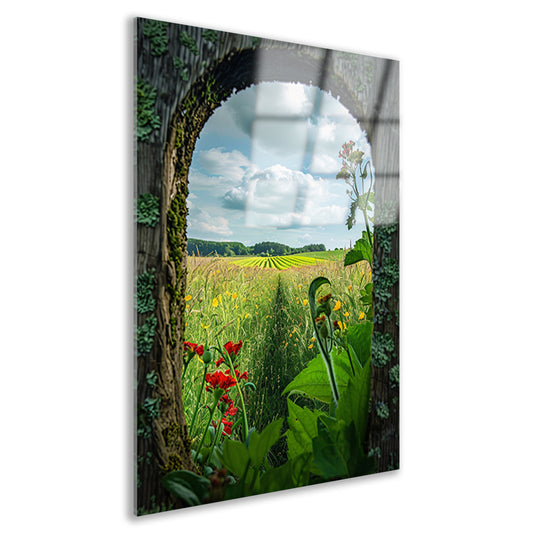 Kleurrijk landschap door houten venster acrylglas