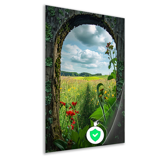 Kleurrijk landschap door houten venster poster