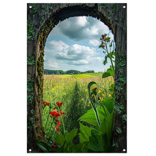 Kleurrijk landschap door houten venster tuinposter