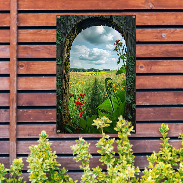 Kleurrijk landschap door houten venster tuinposter