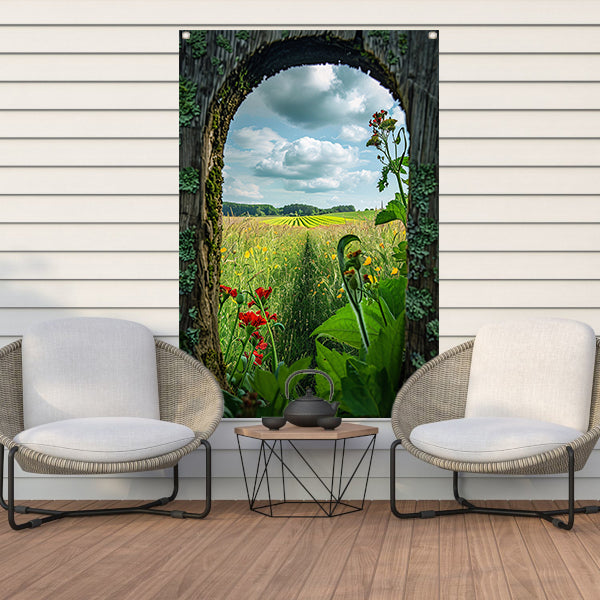 Kleurrijk landschap door houten venster tuinposter