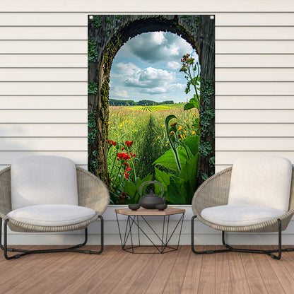 Kleurrijk landschap door houten venster tuinposter