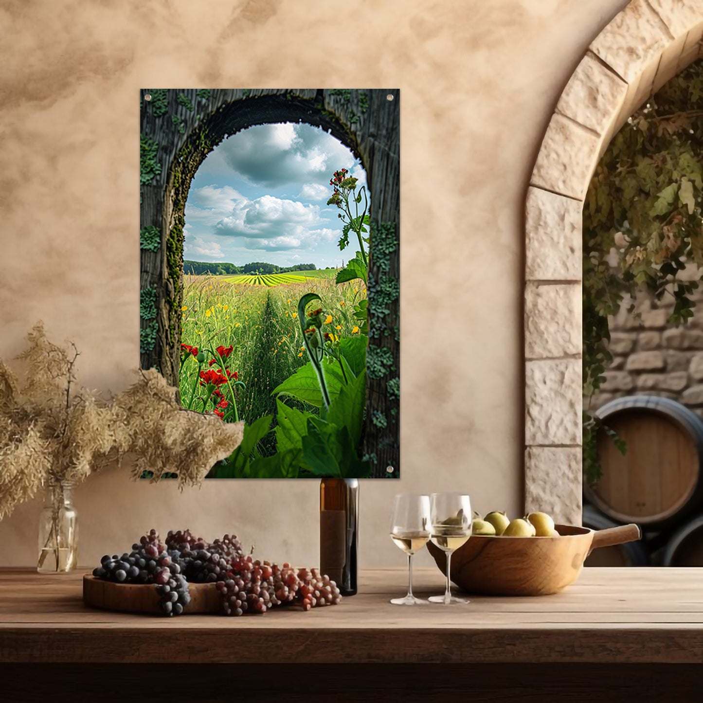 Kleurrijk landschap door houten venster tuinposter