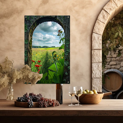 Kleurrijk landschap door houten venster tuinposter