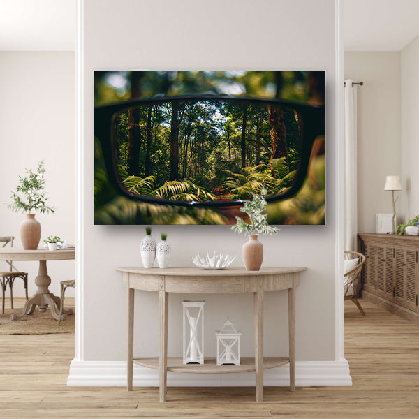 Reflectie van een boslandschap in een bril poster