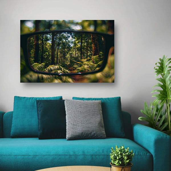 Reflectie van een boslandschap in een bril poster