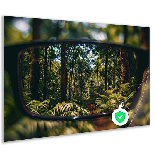Reflectie van een boslandschap in een bril poster
