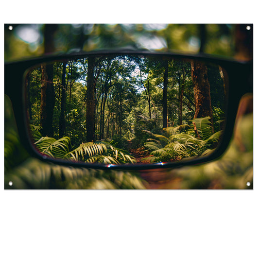 Reflectie van een boslandschap in een bril tuinposter