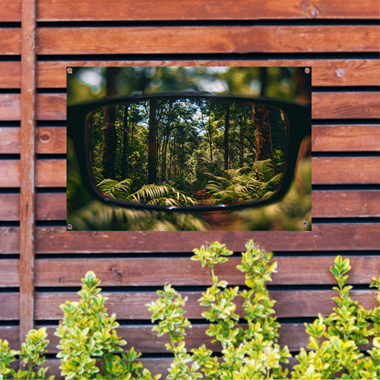 Reflectie van een boslandschap in een bril tuinposter
