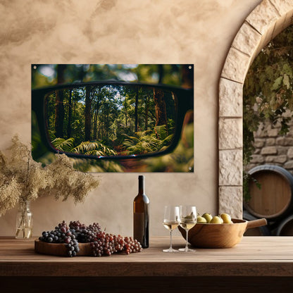 Reflectie van een boslandschap in een bril tuinposter