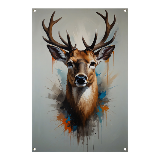 Expressief Hertenportret met Kleurrijke Spatten tuinposter