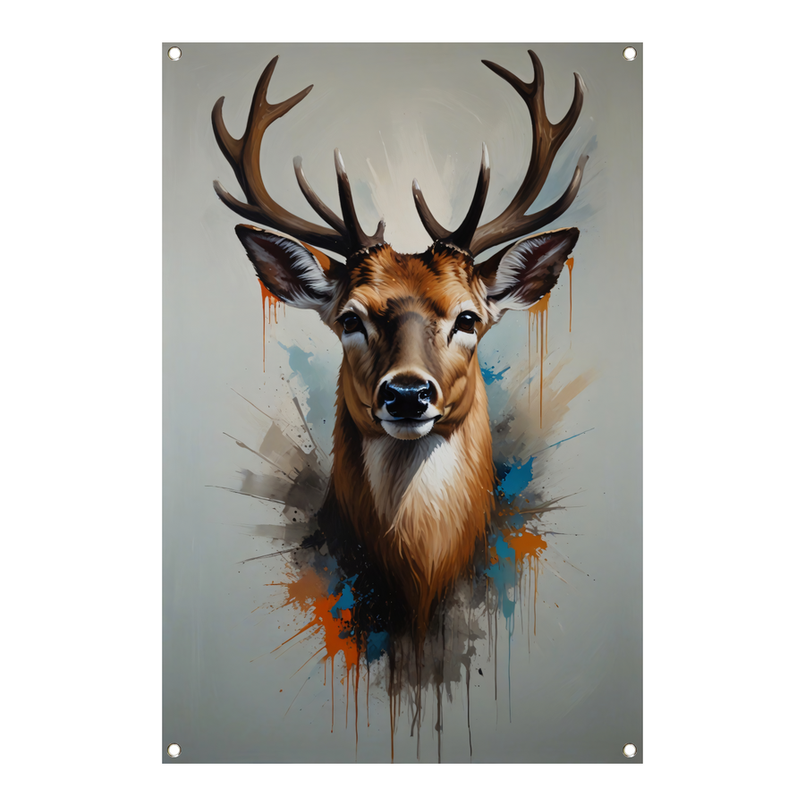 Expressief Hertenportret met Kleurrijke Spatten tuinposter