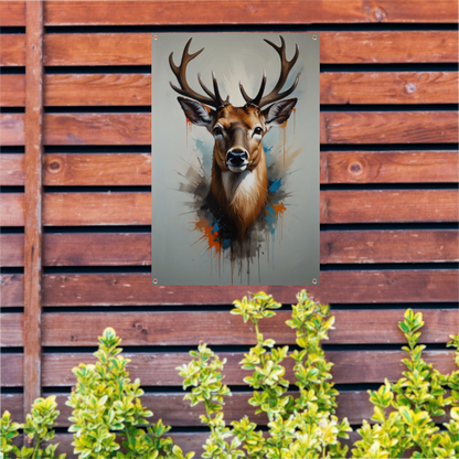 Expressief Hertenportret met Kleurrijke Spatten tuinposter