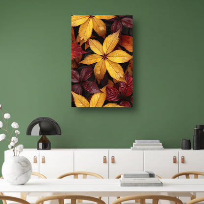 Kleurrijk herfstbladeren met waterdruppels canvas met baklijst