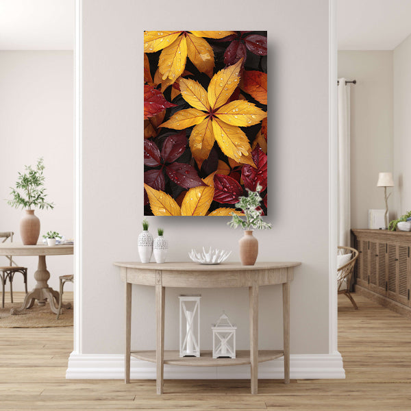 Kleurrijk herfstbladeren met waterdruppels canvas