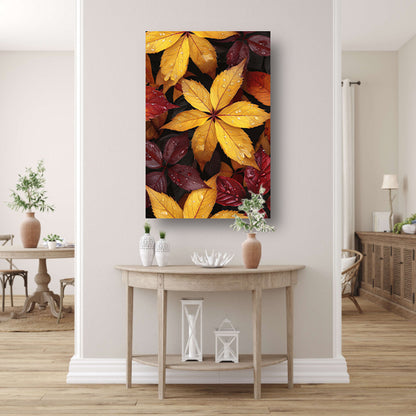 Kleurrijk herfstbladeren met waterdruppels canvas met baklijst