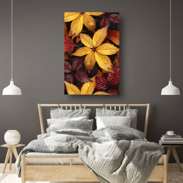 Kleurrijk herfstbladeren met waterdruppels canvas met baklijst